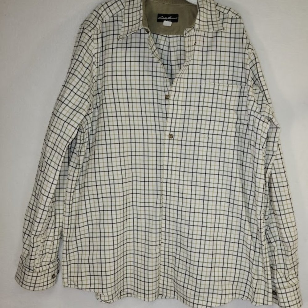 Eddie Bauer 100% cotton Ivory Green Plaid Men's size Large